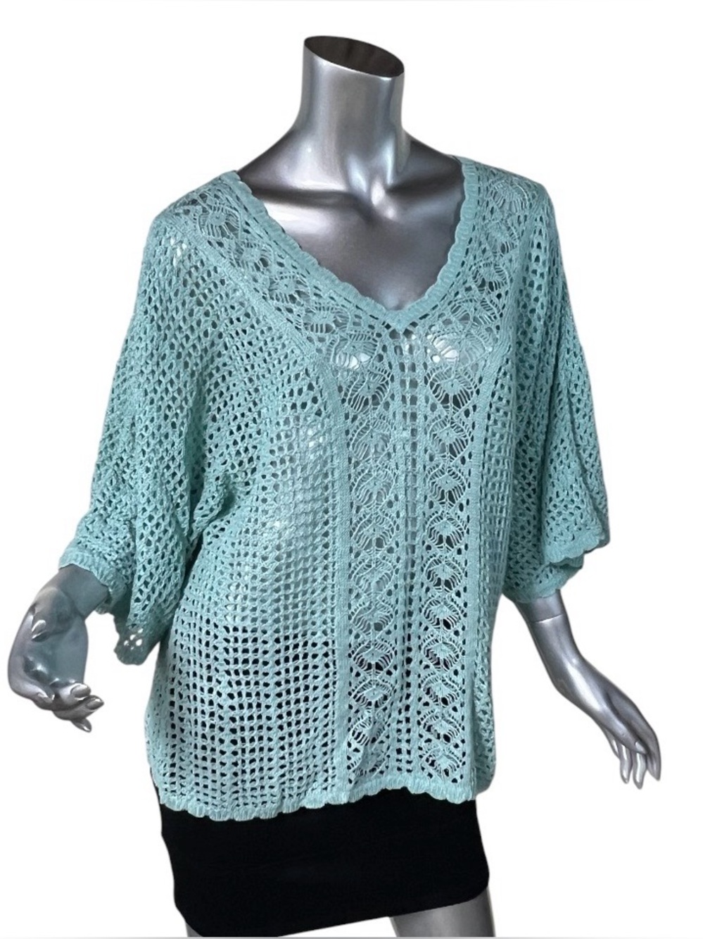 Modern Soul Cotton Blend Open Knit Crochet V-Neck Sweater Teal Women’s Large